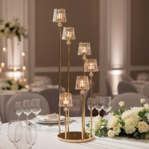 6-Arm Crystal Pendant Cluster Candelabra Candle Holder, 4ft Gold Metal Candle Stand with Round Base
